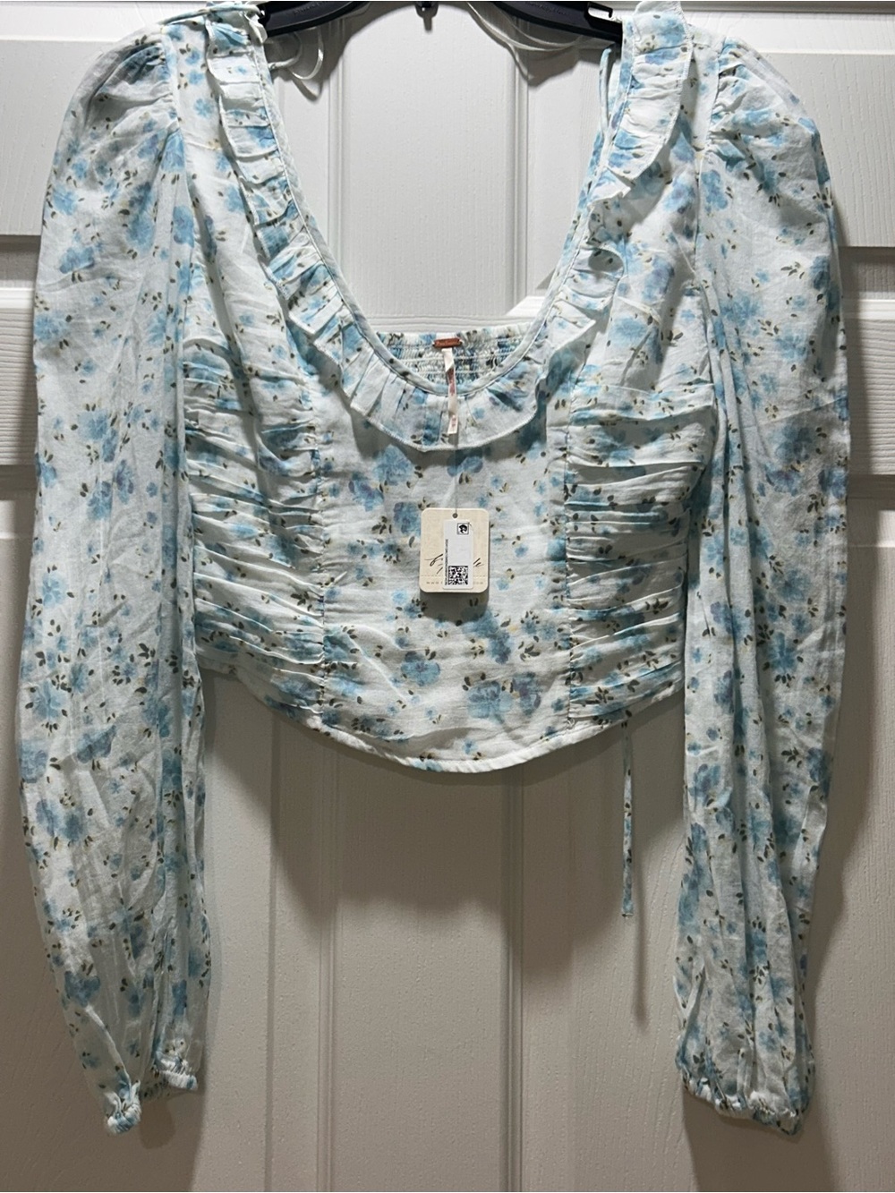 Free People White and Light Blue Floral Ruffle Cropped Blouse
